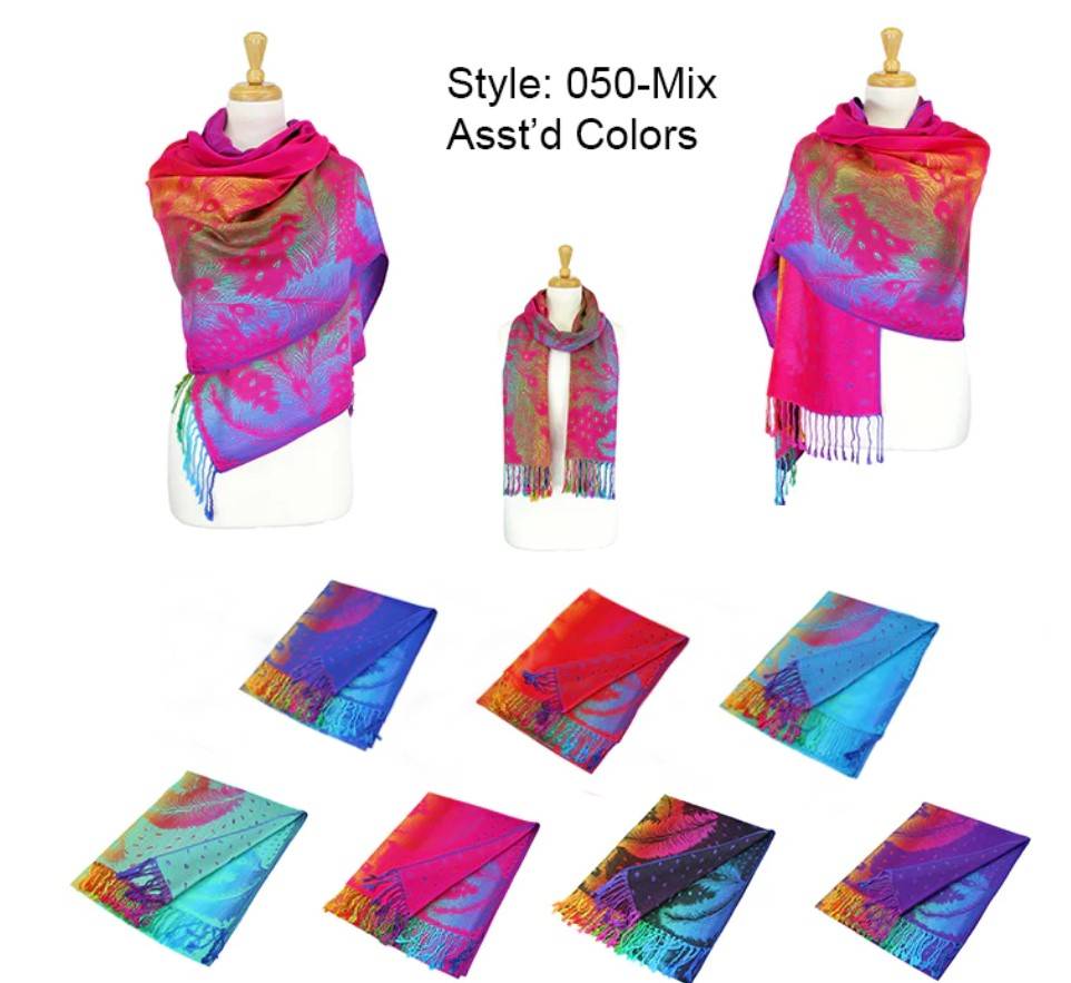 Colorful Peacock Feathers Pashmina Scarf Shawls (Sold by Dozen)